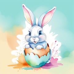 Wall Mural - Easter banner with cute Easter bunny hatching from pastel color Easter egg on pastel color background. Illustration of Easter rabbit sitting in cracked eggshell. Happy Easter greeting card.Copy space.