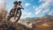 3D rendering of a motocross motorcycle mid air over a detailed realistic track capturing every speck of dirt and the mechanical beauty of the bike