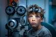 A child sitting at an eye exam looking through a phoropter the room softly lit to focus on the childs curious expression