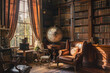 A luxurious room filled with the scent of rare woods and leather golden sunlight filtering through heavy curtains highlighting a collection of antique books and a vintage globe