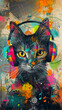Whimsical illustration of a cat lost in music wearing colorful lifestyle headphones surrounded by musical notes and a vibrant abstract background