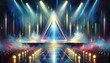 This is an impressionistic painting of a vibrant concert stage with a dynamic light show emanating from a central triangular structure.

