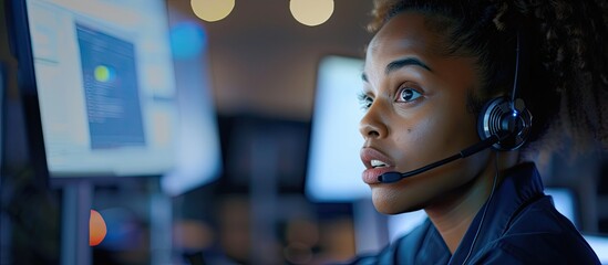 Poster - A woman is shown wearing a headset in a busy call center, multitasking by taking notes from clients and assisting with customer support queries.