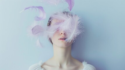 Poster - A surreal portrait of a woman with a blurred face surrounded by delicate feathers on a pastel background