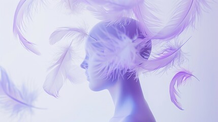 Poster - A serene female silhouette with flowing feathers in purple hues exuding calm and creativity