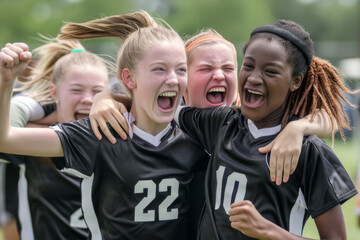 Group of young teenage female soccer players celebrating victory