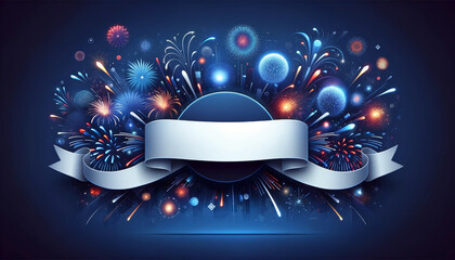 Wall Mural - Dark blue background with red, white, and blue fireworks and fluid white banner area for text or image overlay.