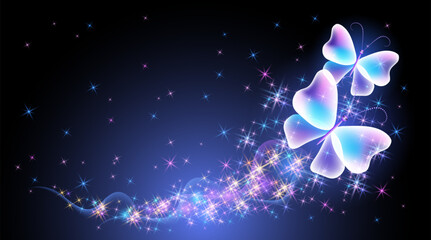 Wall Mural - Magic butterflies with fantasy sparkle and blazing trail and glowing stars on bdark night background