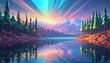 Holographic low-poly northen lake with forest landscape
