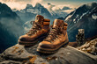 A pair of sturdy hiking boots find repose upon a rugged rock, while in the expansive background, towering mountains adorned with majestic peaks command the horizon