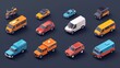 High-quality flat 3D isometric icon set featuring various city transport vehicles, including buses, sedans, vans, cargo trucks, bikes, and sport cars, catering to urban public