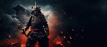 Samurai Fury: The Midst Of Battle, A Badass Samurai Dons Full Body Armor, Fierce And Fearless, Attacking With A Katana Amidst Swirling Smoke And Intense Flames, Embodying The Spirit Of Ancient Japan