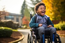 Diverse Black Kid Using Wheelchair On A Walk Outdoors. Boy With Reduced Mobility Living Active Life. Inclusive Society.