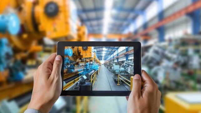 In the realm of Industry 4.0 and augmented reality, a hand holds a tablet with an AR application for thermal monitoring of motor parts, checking for potential damage in a smart factory background
