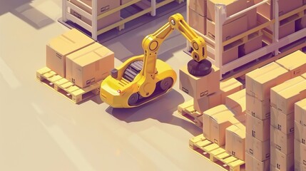 Wall Mural - An isometric illustration featuring a yellow robotic arm carrying a cardboard box in a warehouse, showcasing automated warehouse operations with autonomous robot transportation