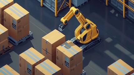 Wall Mural - An isometric illustration featuring a yellow robotic arm carrying a cardboard box in a warehouse, showcasing automated warehouse operations with autonomous robot transportation