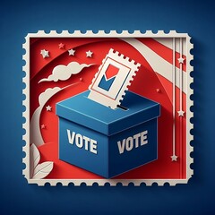 ballot box with a VOTE postage stamp going into the slot concept in a vector Illustration Background with space for copy , american presidential election or voting right concept generative ai