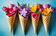 bright paper cut flowers in a waffle ice cream cone, spring blossom idea, decorative festive trend
