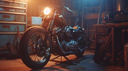 Custom Bobber Motorbike Standing in an Authentic Creative Workshop. Vintage Style Motorcycle Under Warm Lamp Light in a Garage.