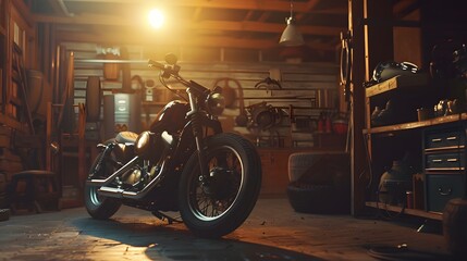 Custom Bobber Motorbike Standing in an Authentic Creative Workshop. Vintage Style Motorcycle Under Warm Lamp Light in a Garage.