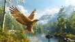 Falcon hunting. One flying falcon in the nature background, digital ai