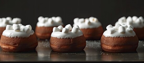 Canvas Print - A close-up view of a plate of food featuring marshmallows. The dish includes marshmallow topped chocolate donuts set against a black backdrop.