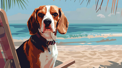 Wall Mural - Cool looking beagle dog at the beach. Comic style illustration.