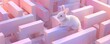 A 3D bunny rabbit exploring a pastel maze, fur texture realistic, surrounded by soft hues