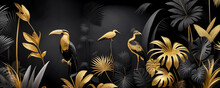Gold Black Jungle Wallpaper With Birds, Trees, Palm And Tropical Plant. Jungle Scene With Parrot. Mysterious Jungle Painting, Primeval Jungle Background.