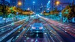 A blue-toned image depicts a smart car in autonomous mode on city roads, featuring a HUD and integrating IoT technology with graphic sensor radar signals and internet connectivity