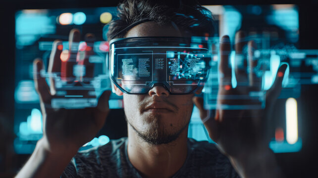 
A close-up of a young businessman in glasses analyzing a virtual computer and business. Concept of focusing on business data analysis and technological solutions.