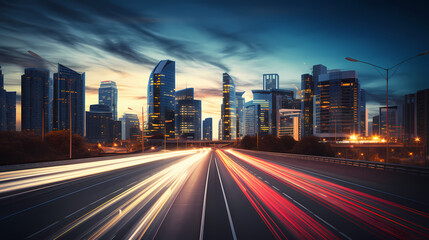 Wall Mural - Vibrant long exposure night shot of busy traffic and skyscrapers in modern city city center