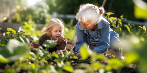 Little granddaughter helps her grandmother work in the garden in the sunny backyard.