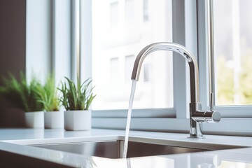 A kitchen sink with a faucet running water.