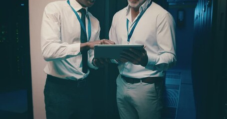 Poster - People in server room with tablet, planning for engineering and network maintenance for update. Tech support, men in system administration and digital app for technician with manager in data center.