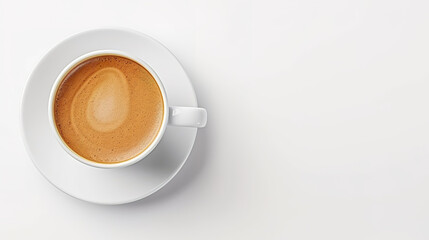 Coffee cup placed to the coffee beans. On the white table in day light. From the top