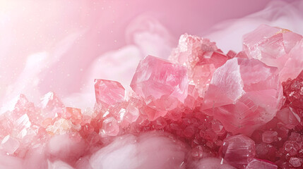 Sticker - background for a banner for a jewelry store, rose quartz on a pink background close-up