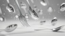 Design Of Spoons And Forks Floating On Gray Background.