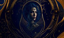 Woman With Blue Hair In Art Nouveau Style On Black Background, Gold Patterning, Generative AI