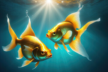 Two goldfish underwater, the light shimmers and plays underwater, realistic 3d illustration.