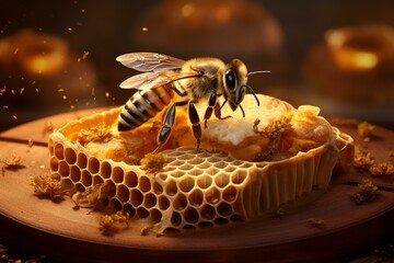 Poster - Buzzing Bees inside a hive. Comb frame. Generate Ai