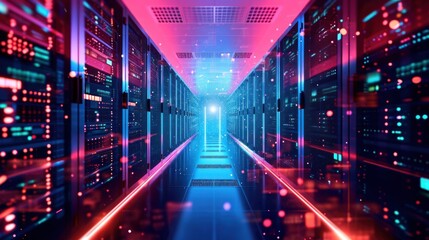 Poster - Abstract data center network system. Server racks in server room data center .computer network security concept.
