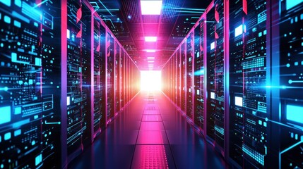 Poster - Abstract data center network system. Server racks in server room data center .computer network security concept.