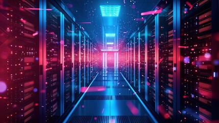 Poster - Abstract data center network system. Server racks in server room data center .computer network security concept.