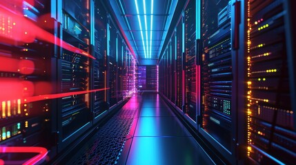 Poster - Abstract data center network system. Server racks in server room data center .computer network security concept.