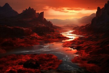 Wall Mural - Mystical Red fantasy river landscape. Cosmos moon. Generate Ai