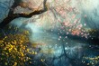 Mystical river scene with cherry blossoms overhanging and golden wildflowers