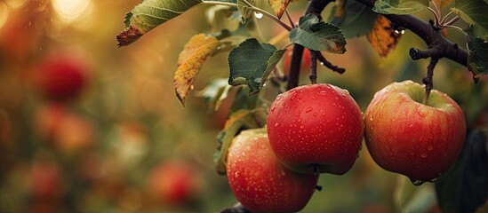 In this photo, taken during autumn, two apples hang from a tree adorned with colorful leaves.