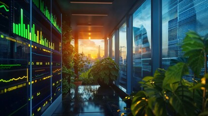 Financial investment stock market carbon credit trading graph growth analysis diagram fund with hologram futuristic virtual screen overlooks a city skyline at sunset.