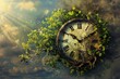 Surreal clock entwined with vibrant greenery against a mystical backdrop, blending time with fantasy
